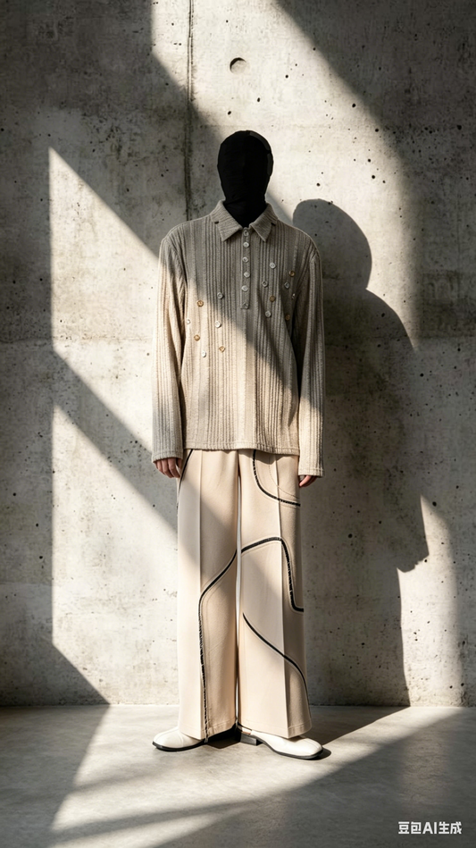 Irregular Ribbed Brushed Long Sleeve Knitted Polo Shirt
