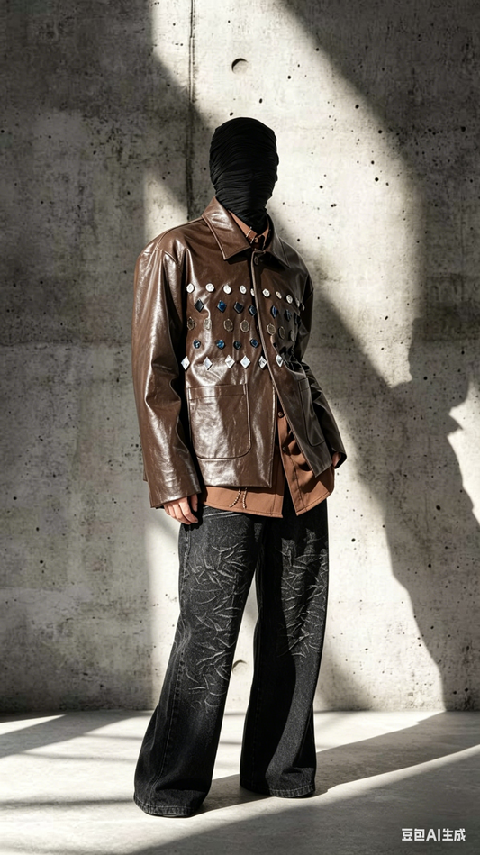 Brown PU Leather Jade Jewelled Jacket