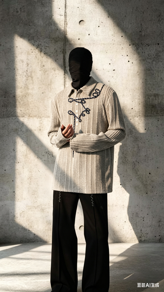 Irregular Striped Knitted Men Long Sleeve Polo Shurt