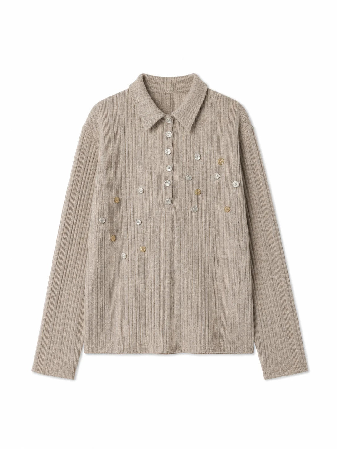 Irregular Ribbed Brushed Long Sleeve Knitted Polo Shirt