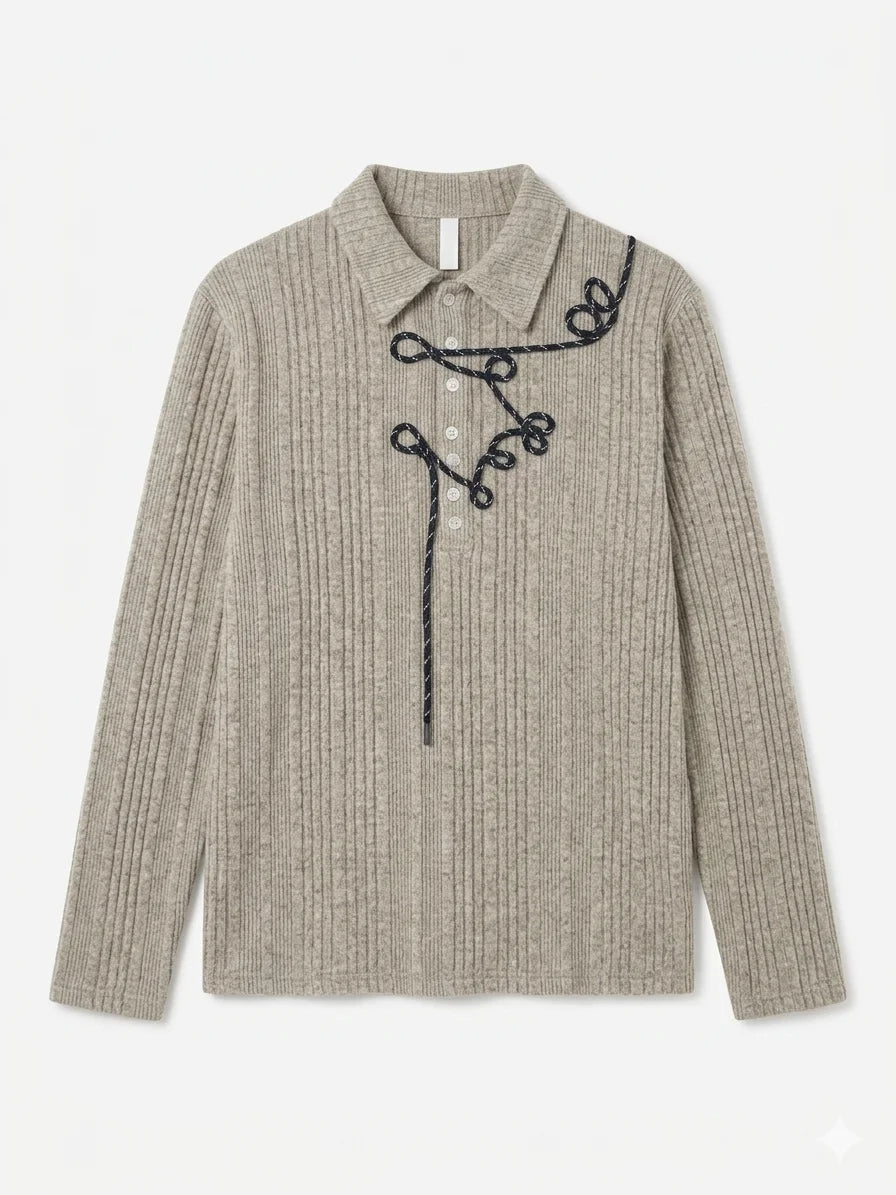 Irregular Striped Knitted Men Long Sleeve Polo Shurt