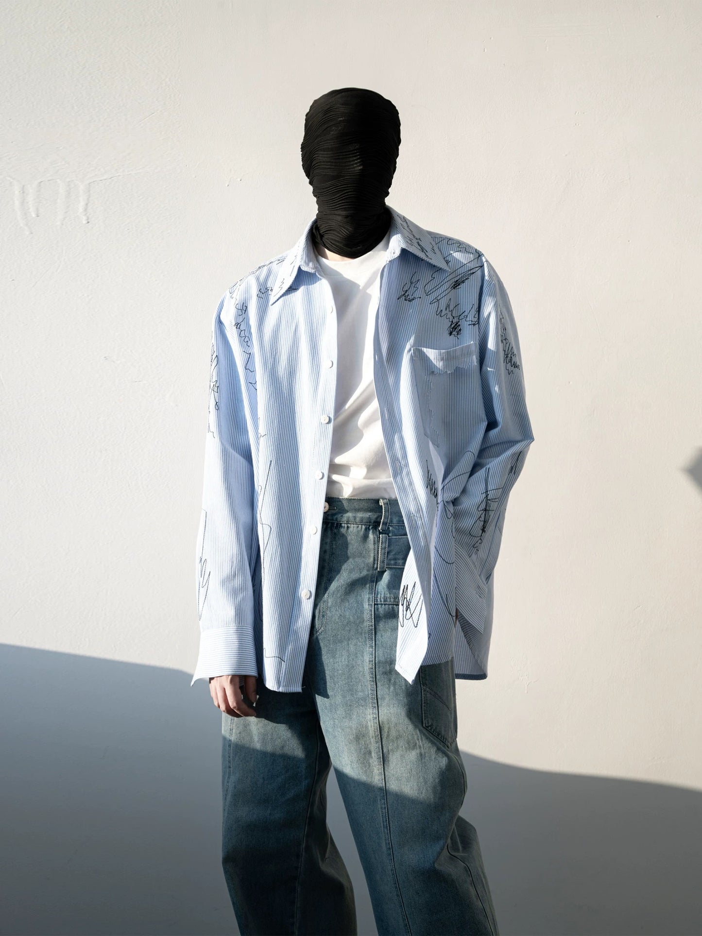 Line Embroidered Strip Shirt