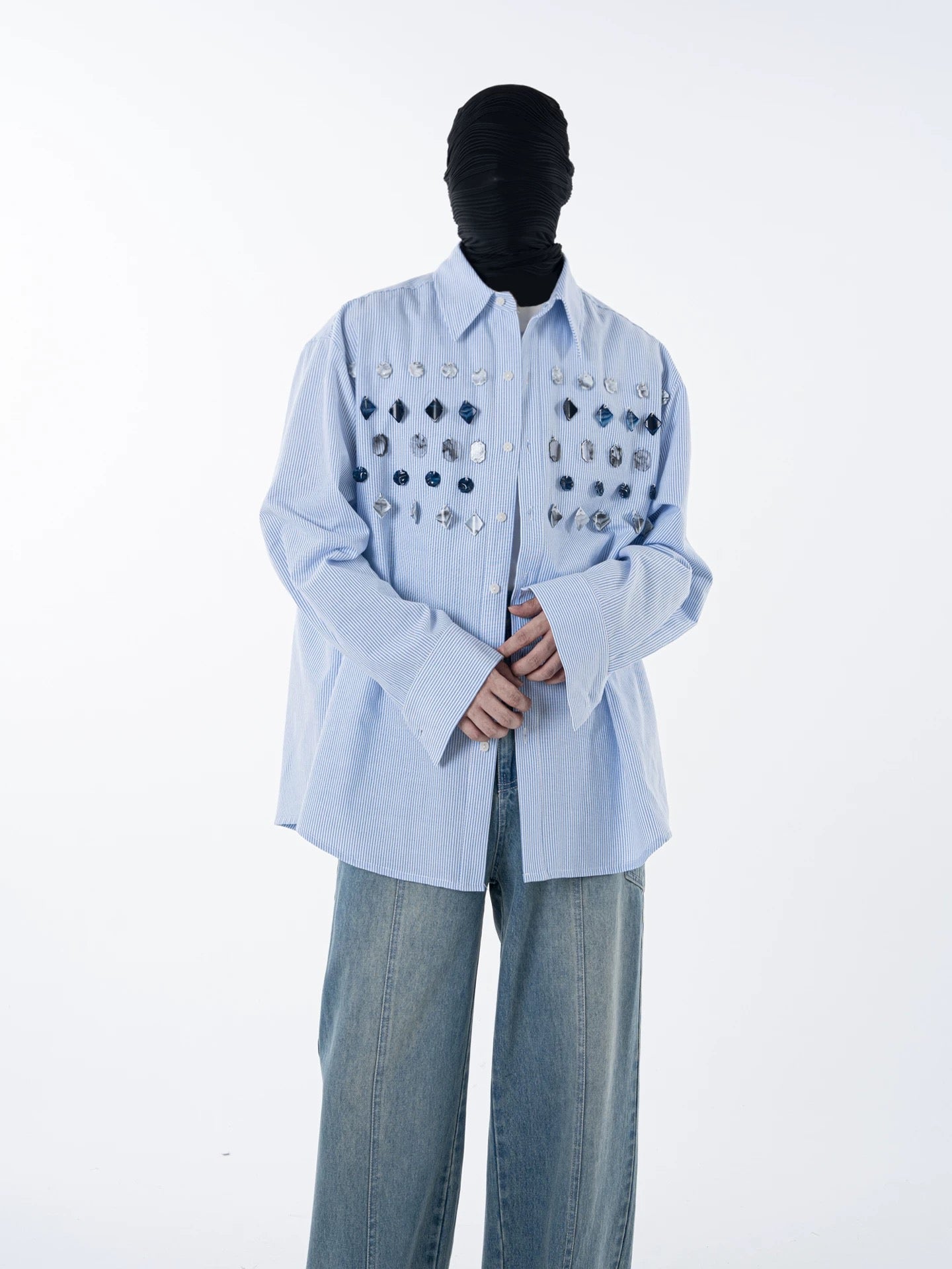 Jade Jewelled Strip Shirt Blue