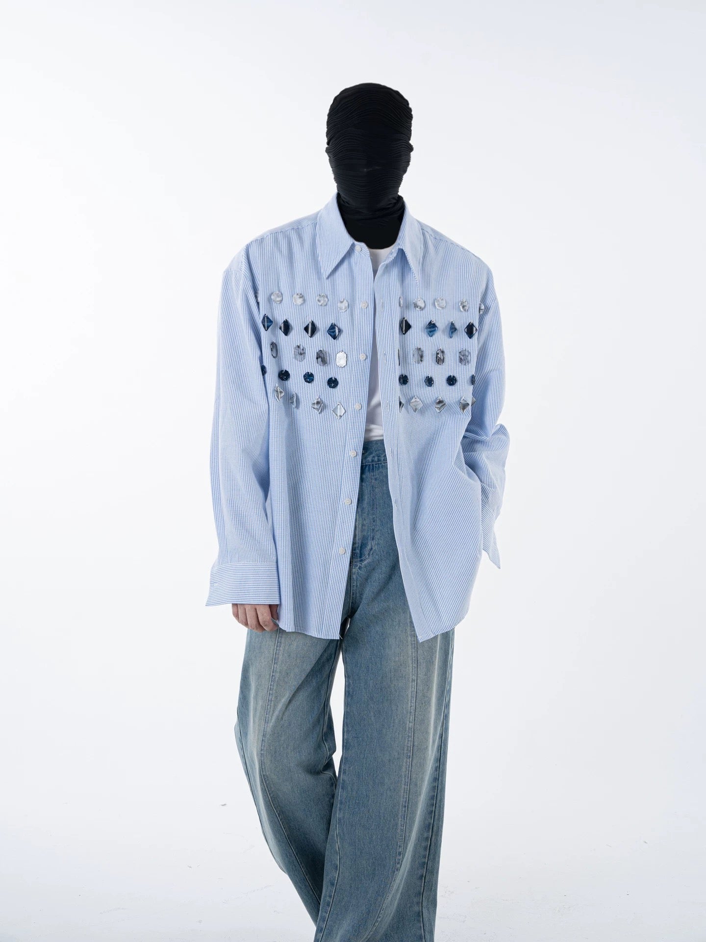 Jade Jewelled Strip Shirt Blue