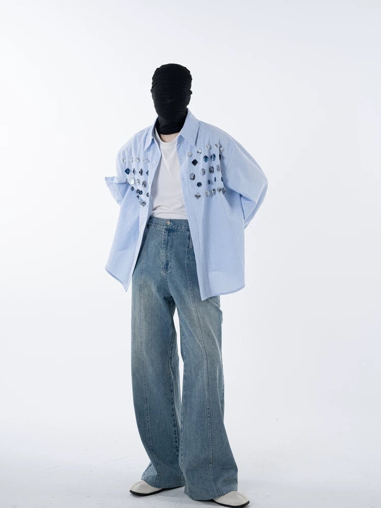Jade Jewelled Strip Shirt Blue