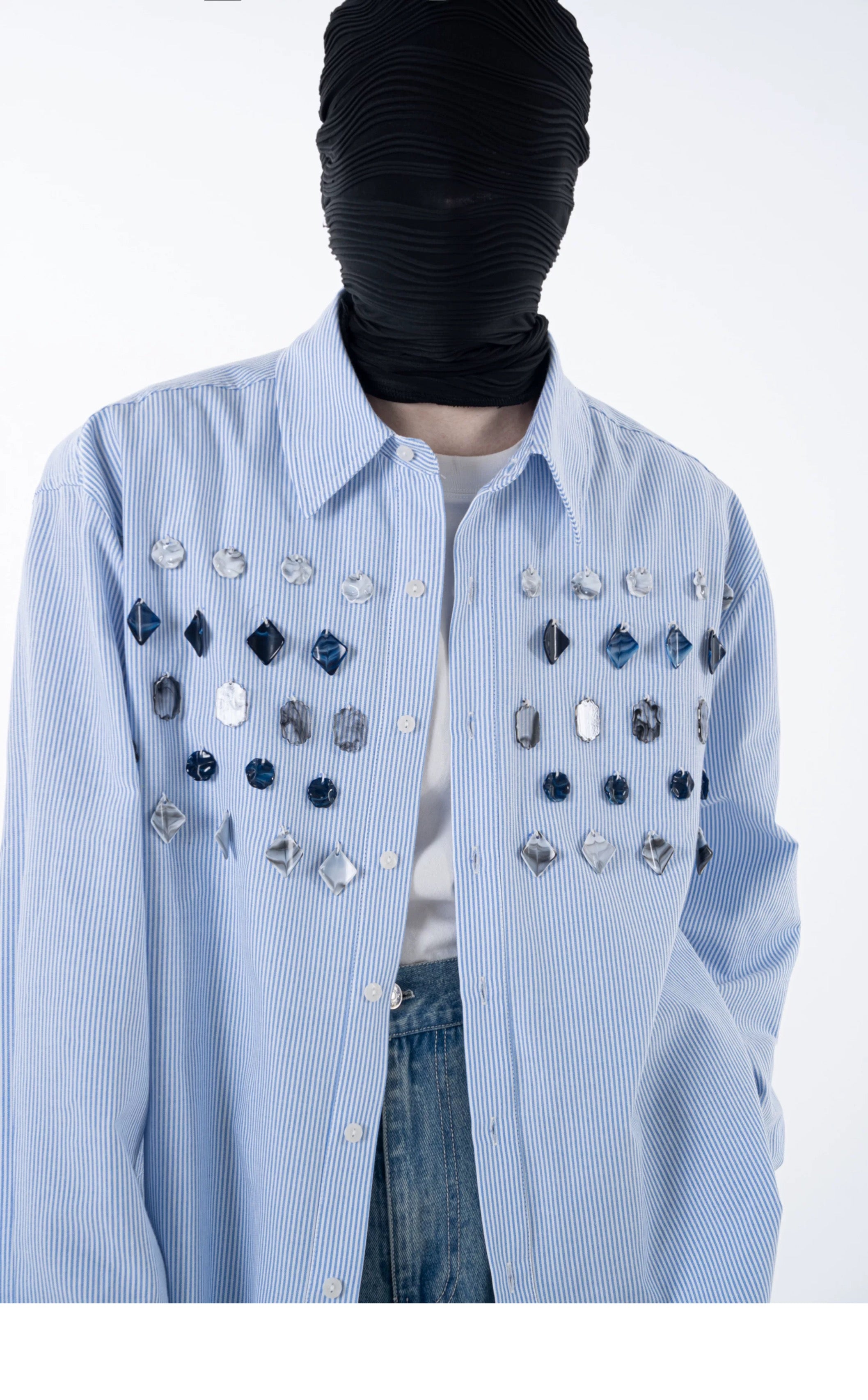 Jade Jewelled Strip Shirt Blue