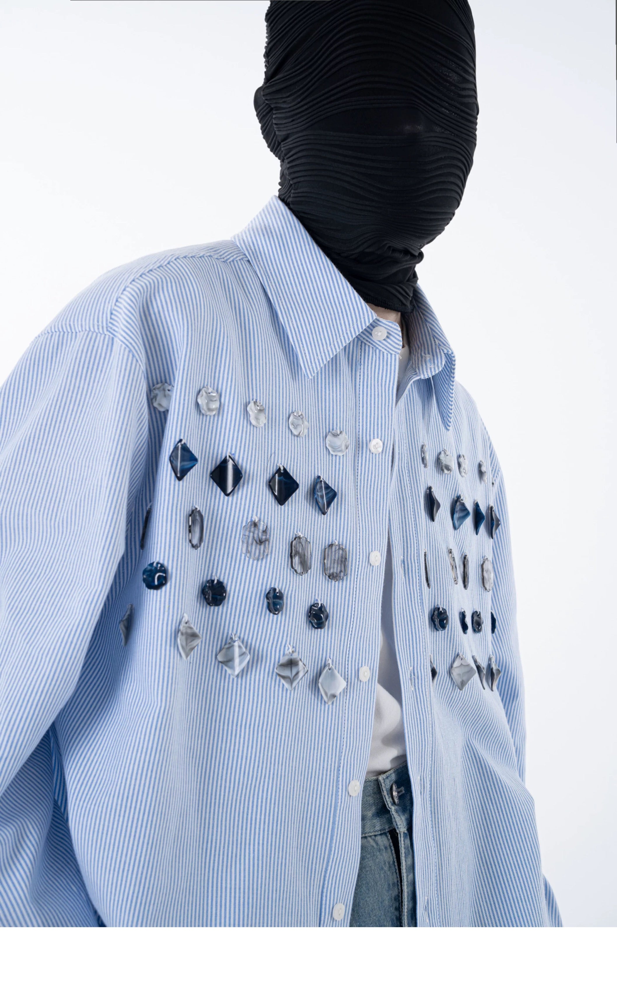Jade Jewelled Strip Shirt Blue