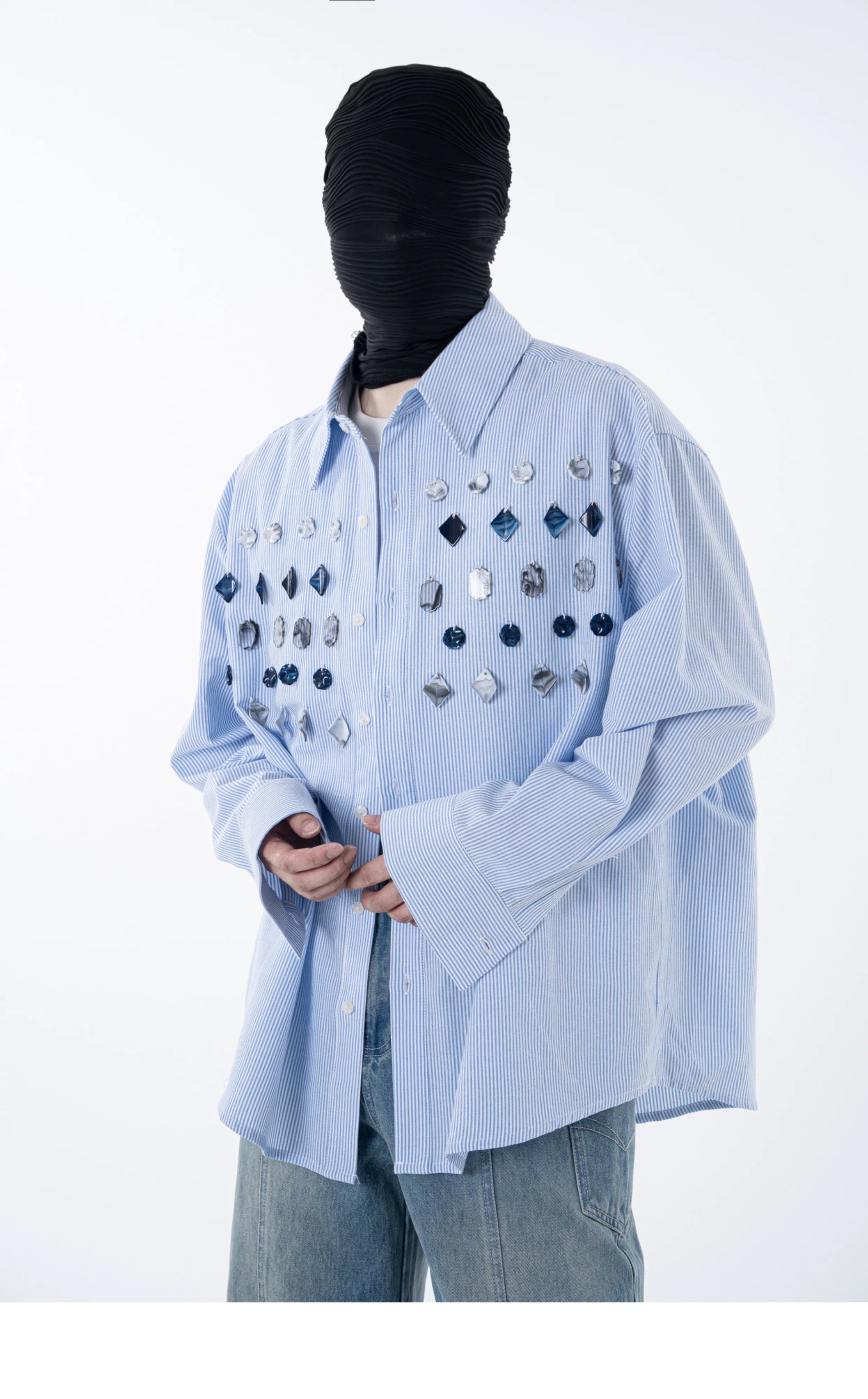 Jade Jewelled Strip Shirt Blue