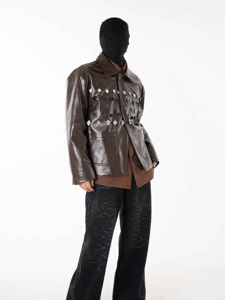 Brown PU Leather Jade Jewelled Jacket