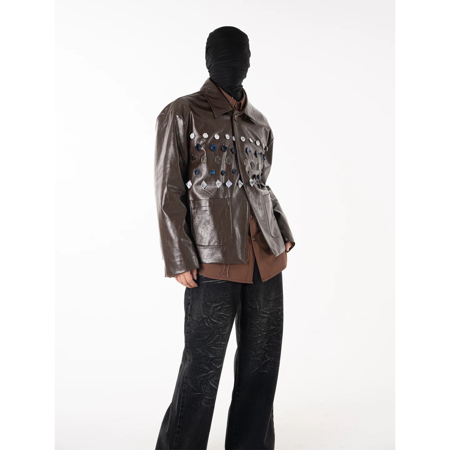 Brown PU Leather Jade Jewelled Jacket