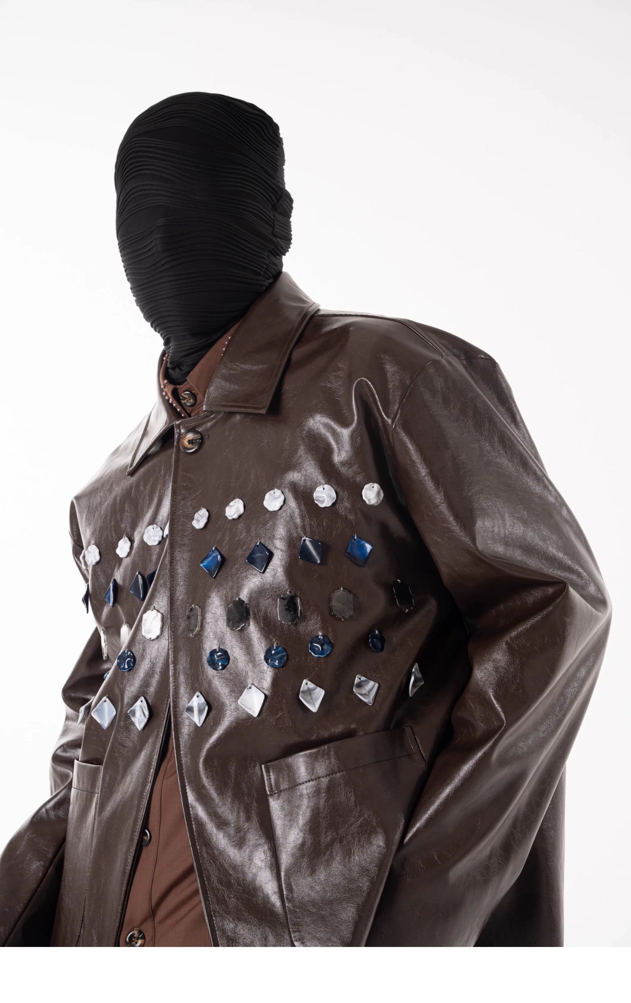 Brown PU Leather Jade Jewelled Jacket