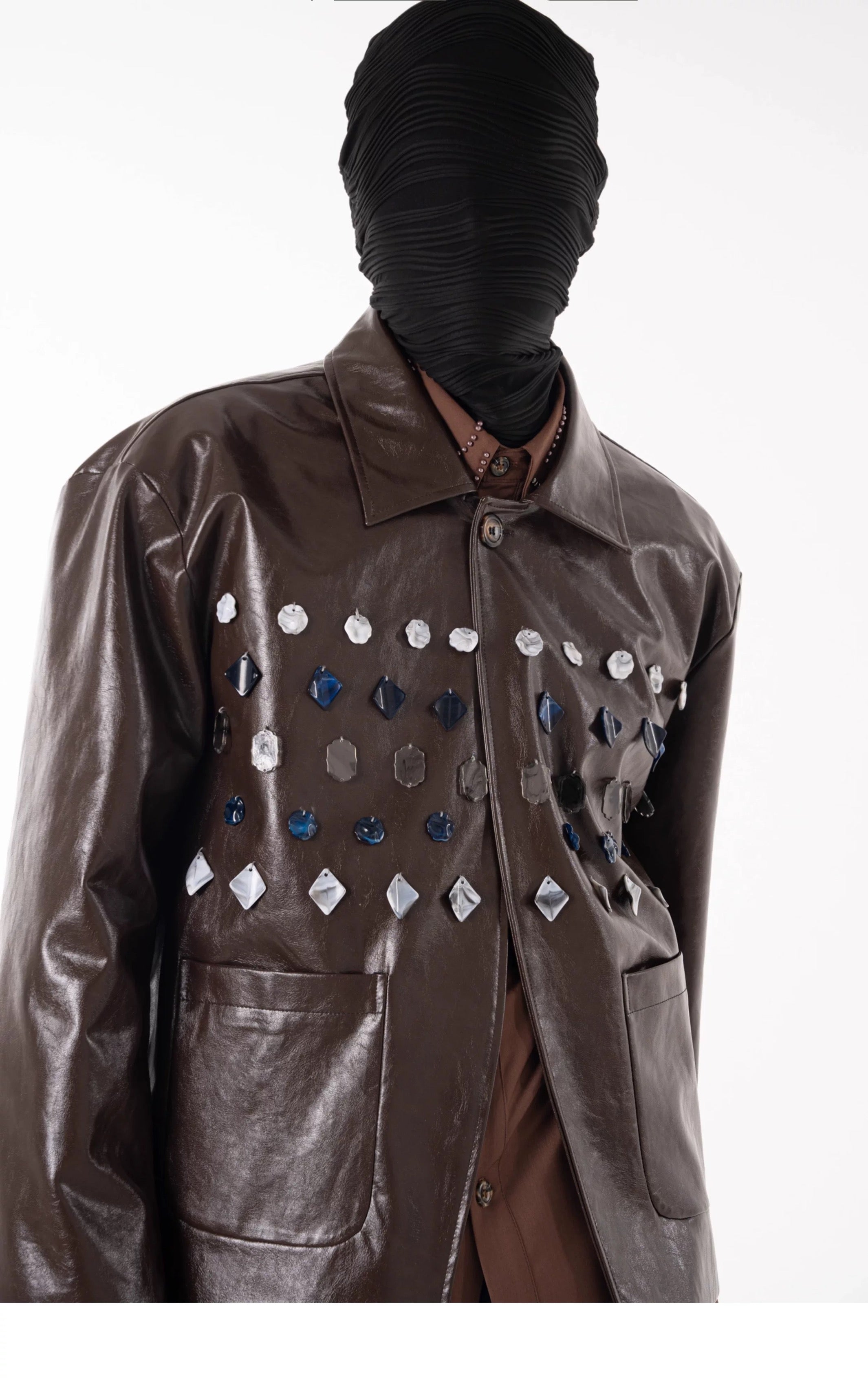 Brown PU Leather Jade Jewelled Jacket