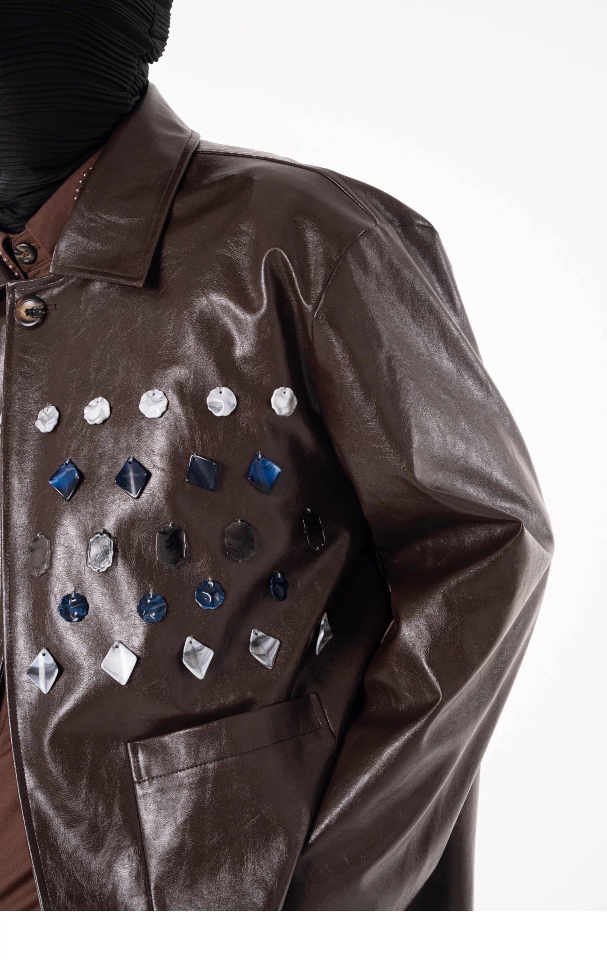 Brown PU Leather Jade Jewelled Jacket