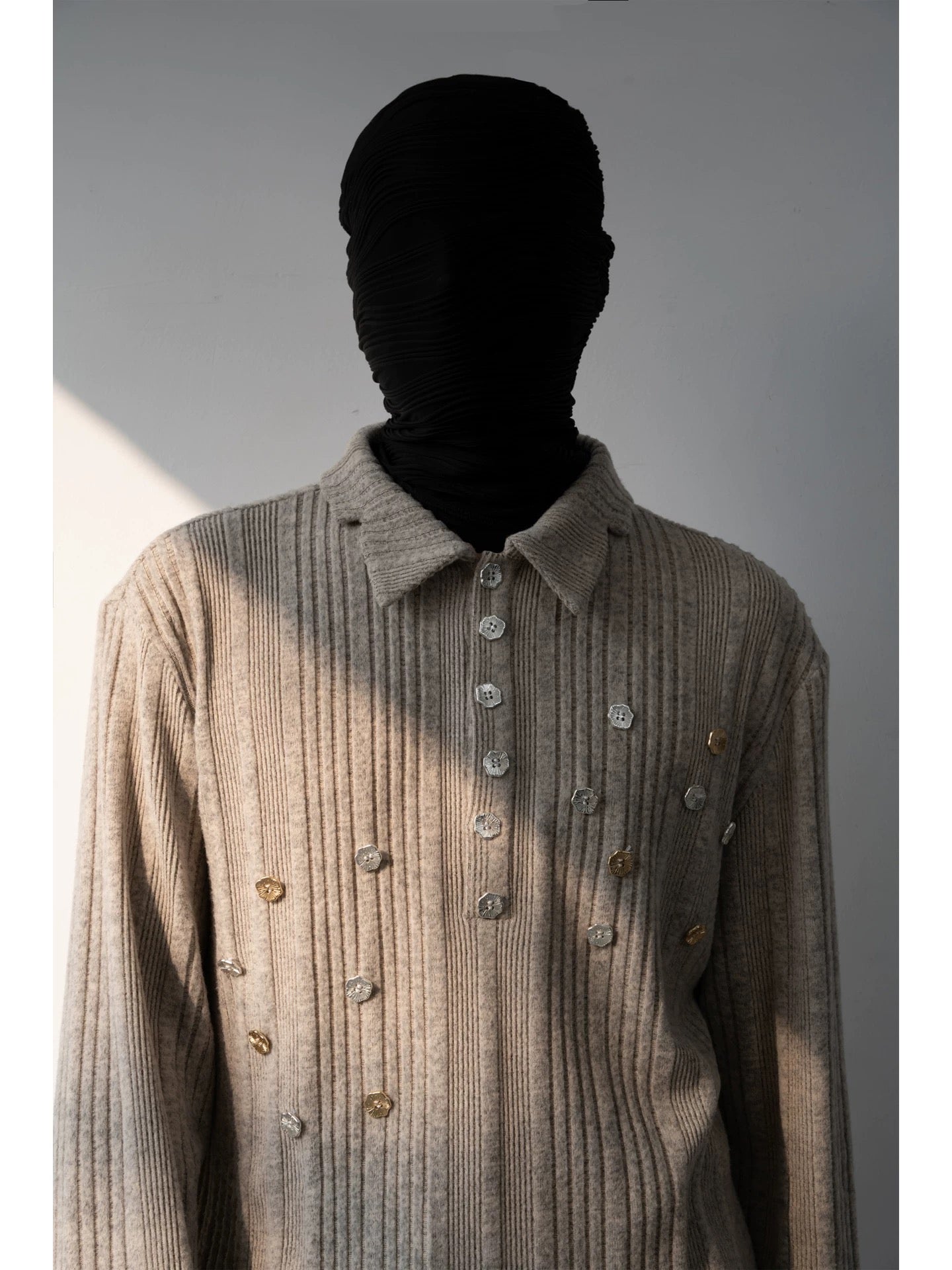 Irregular Ribbed Brushed Long Sleeve Knitted Polo Shirt