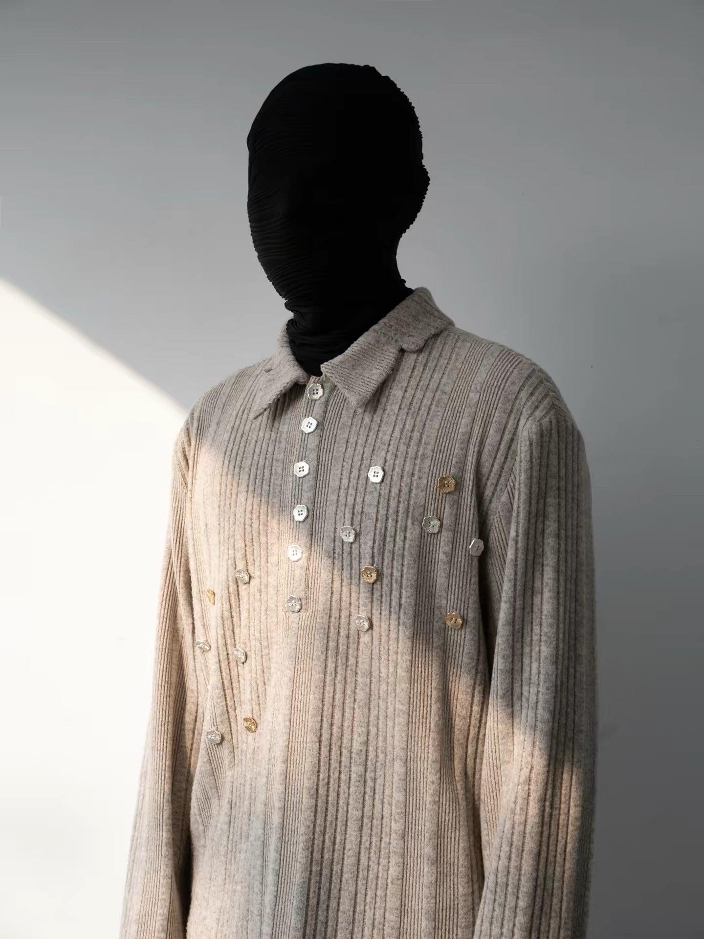 Irregular Ribbed Brushed Long Sleeve Knitted Polo Shirt