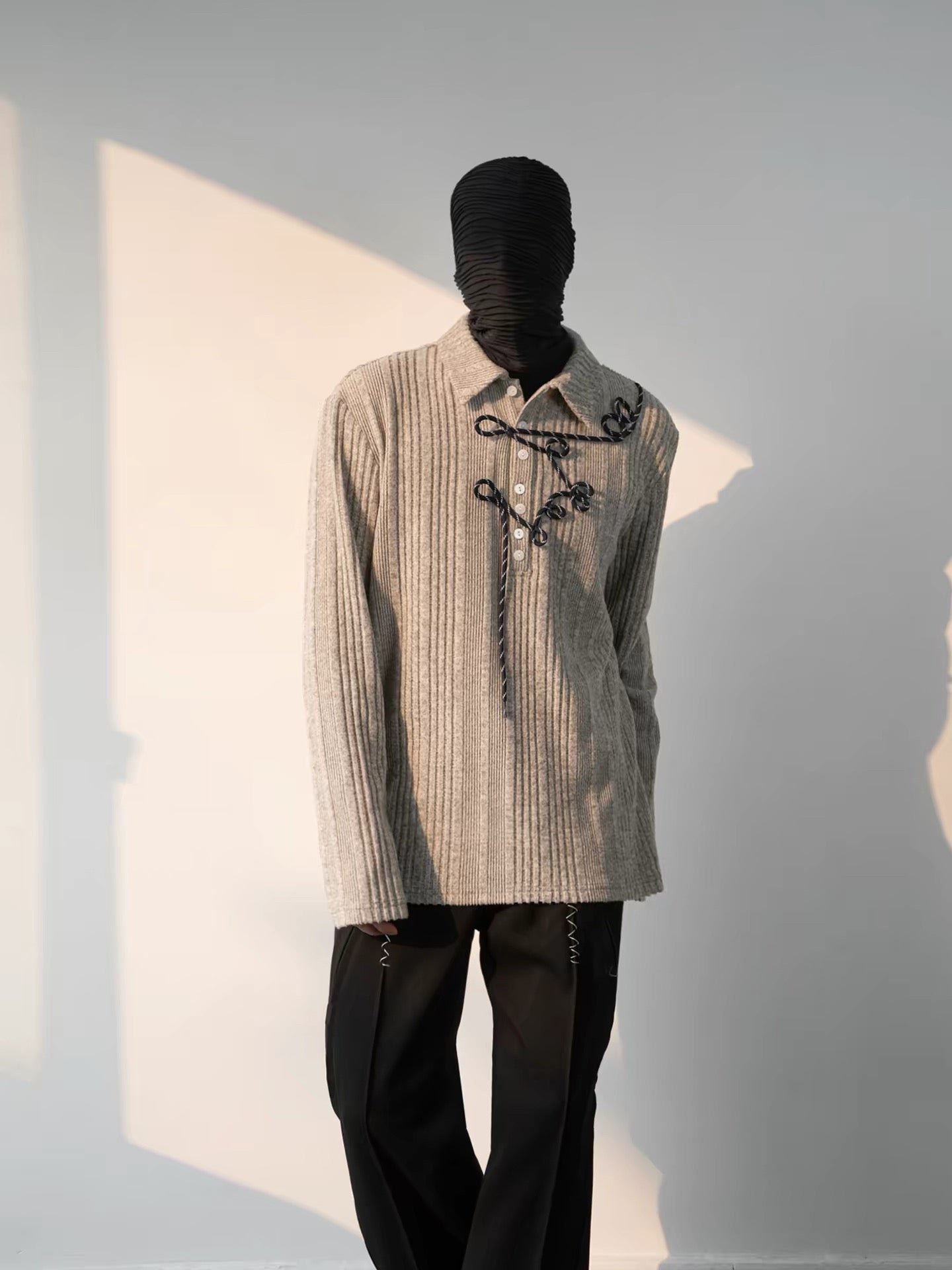 Irregular Striped Knitted Men Long Sleeve Polo Shurt