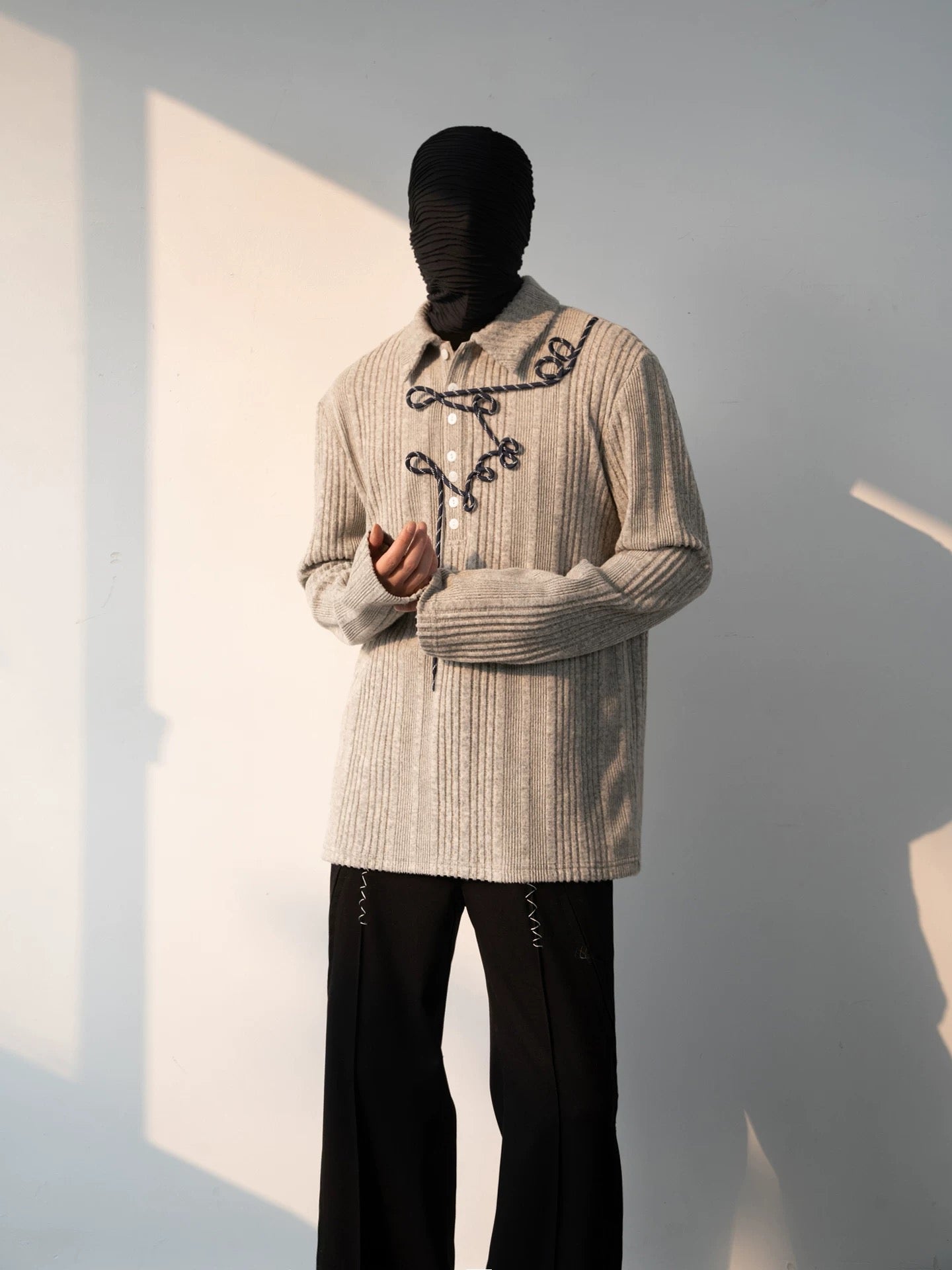 Irregular Striped Knitted Men Long Sleeve Polo Shurt