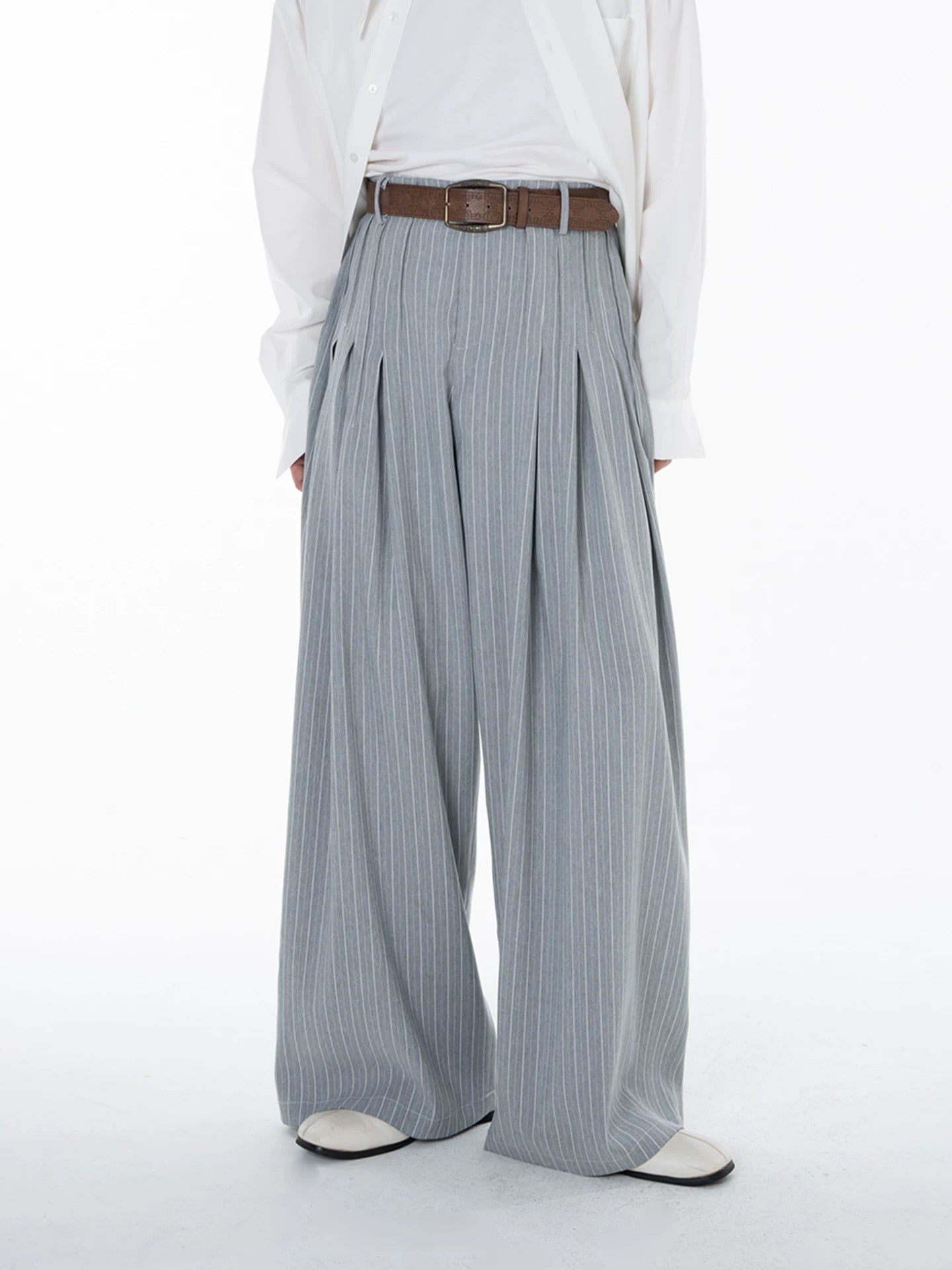 Pleated Loose Wide Leg Striped Trousers
