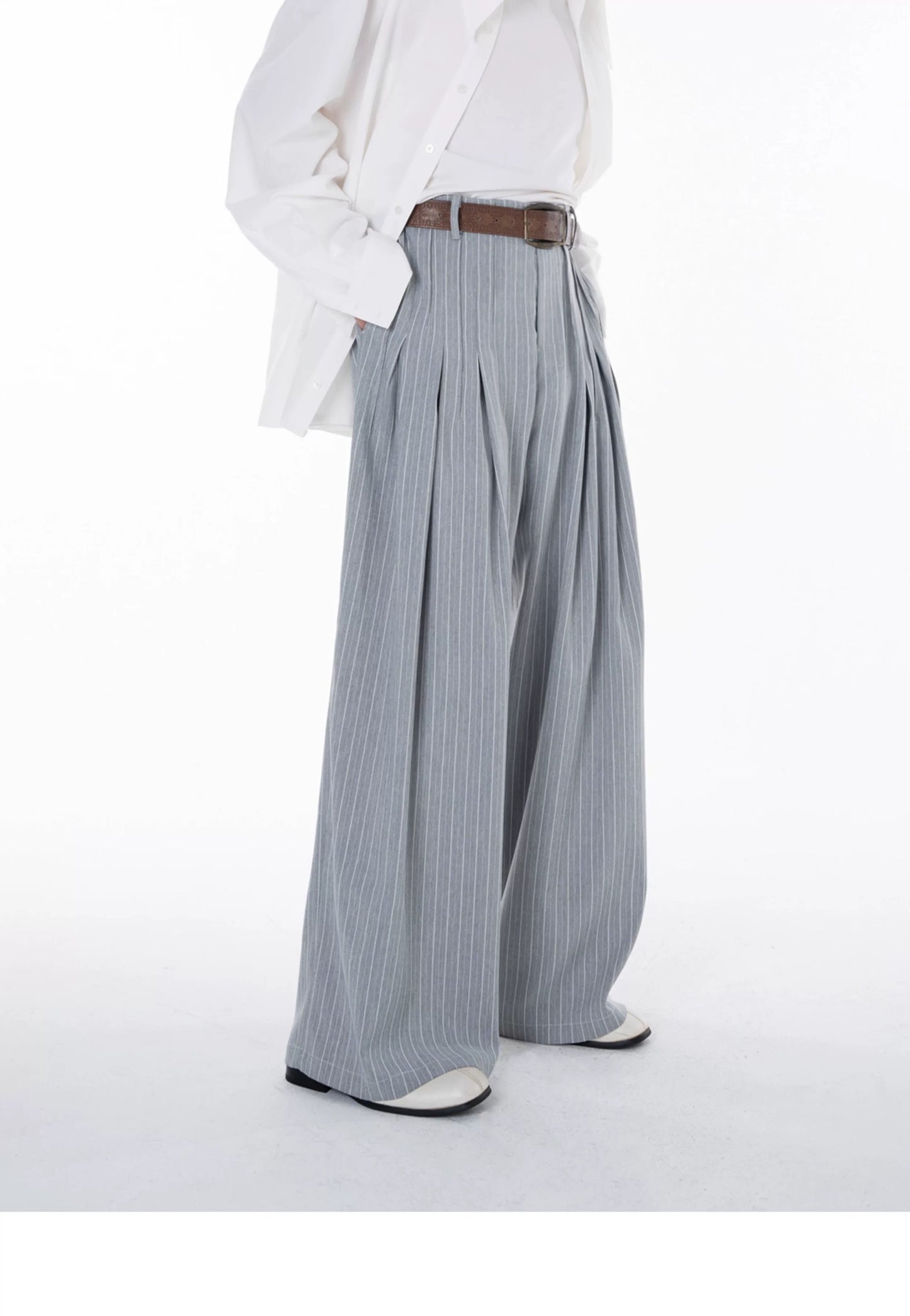 Pleated Loose Wide Leg Striped Trousers
